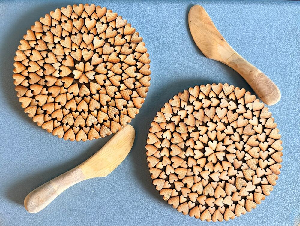 Handmade Wooden Heart Mosaic Trivet Cheese Board Set Juniper Wood Heart Hot Pad